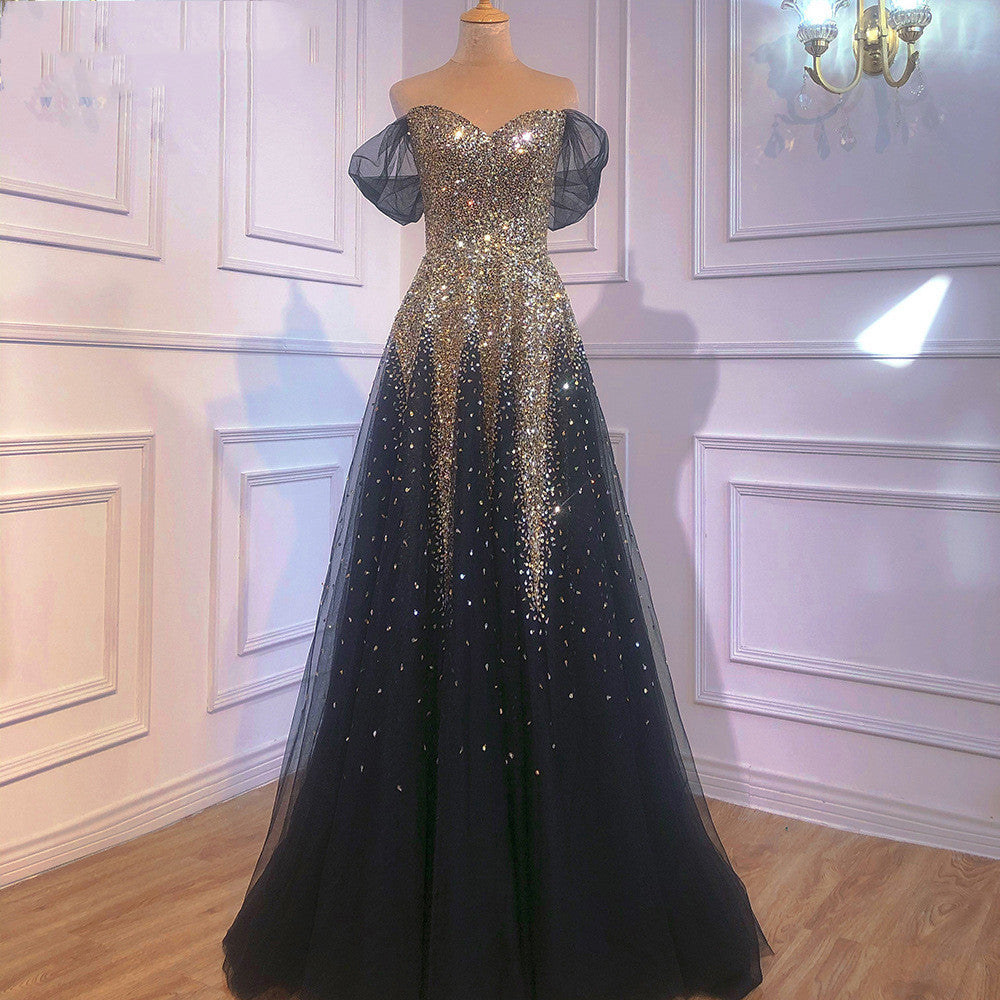 Black Gold One Word Shoulder Hosting Banquet Bride Toasting Evening Dress