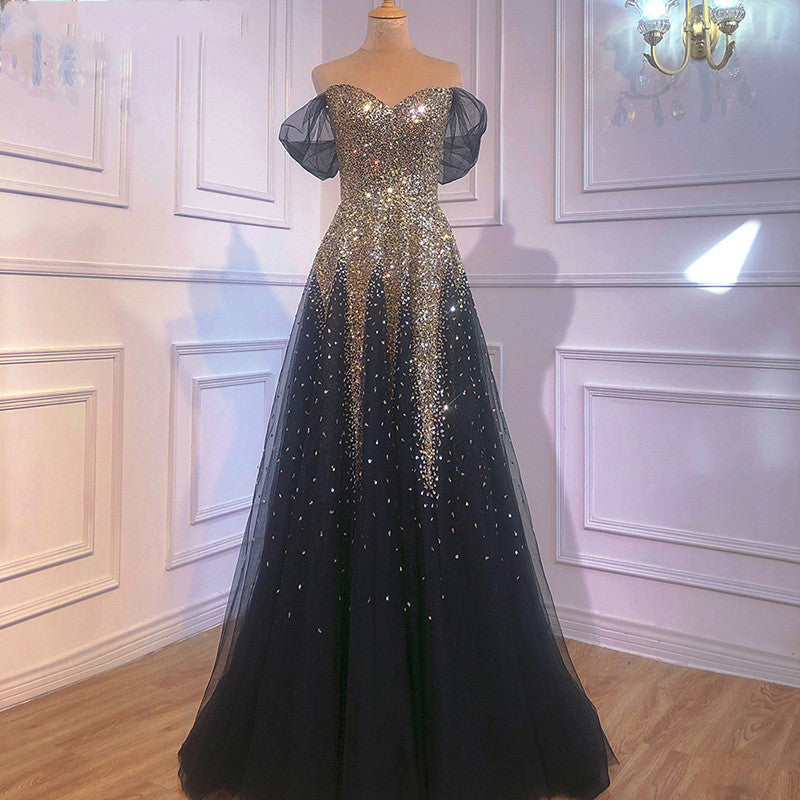 Black Gold One Word Shoulder Hosting Banquet Bride Toasting Evening Dress