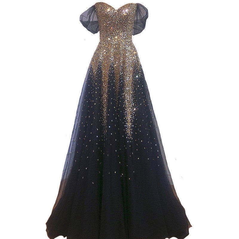 Black Gold One Word Shoulder Hosting Banquet Bride Toasting Evening Dress - Black and gold / XS