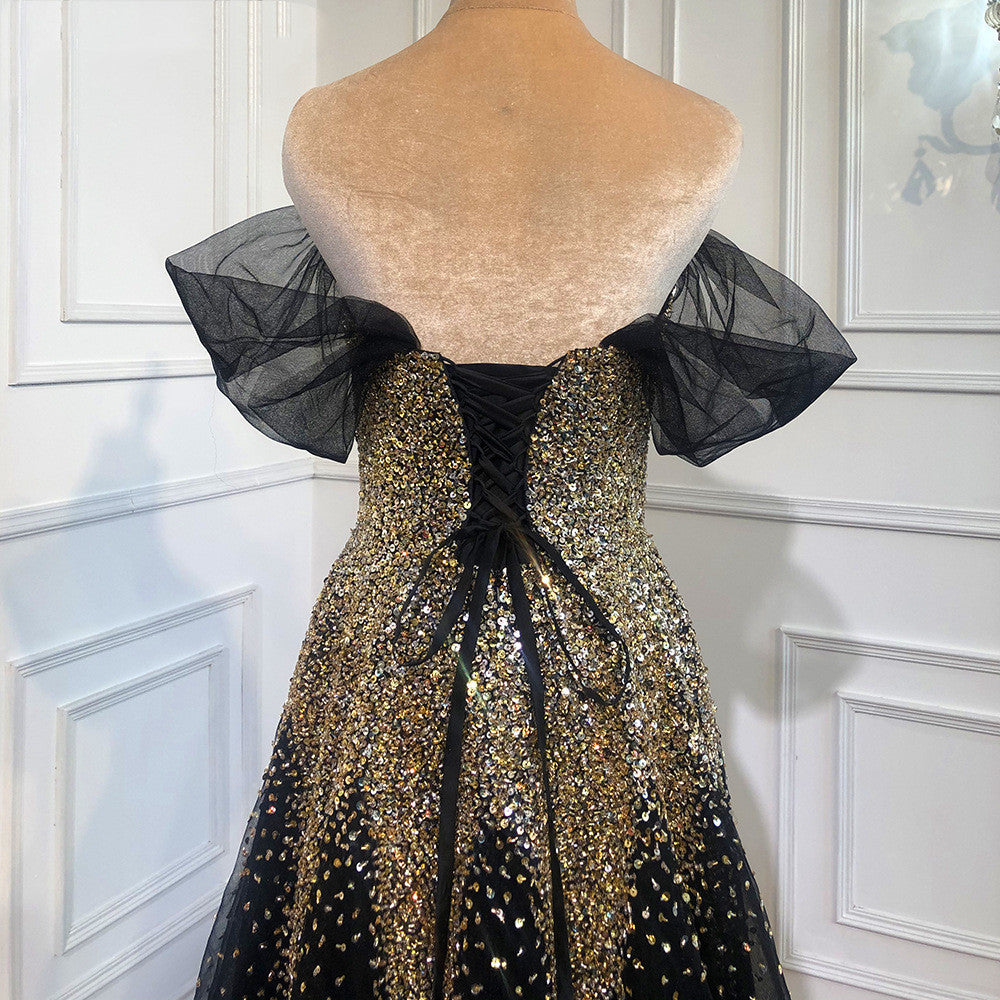 Black Gold One Word Shoulder Hosting Banquet Bride Toasting Evening Dress
