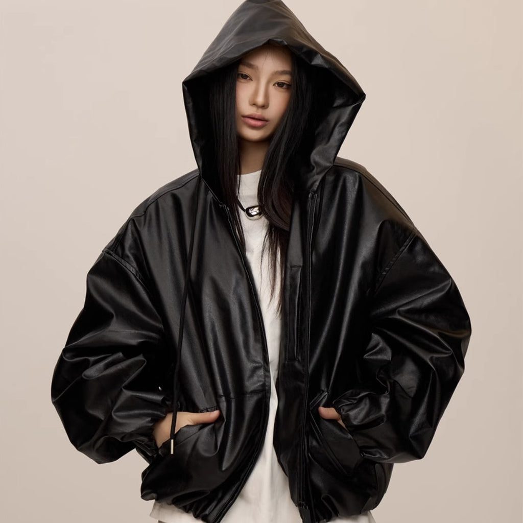 Women’s Black Hooded Leather Coat