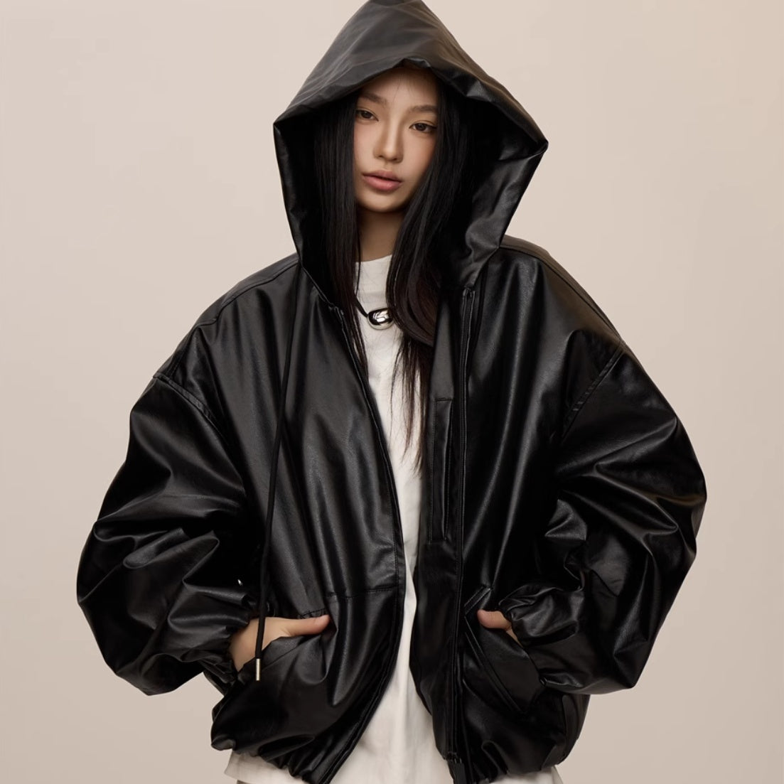 Women’s Black Hooded Leather Coat
