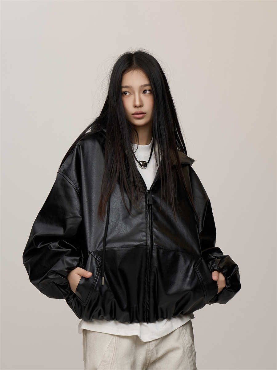 Women’s Black Hooded Leather Coat