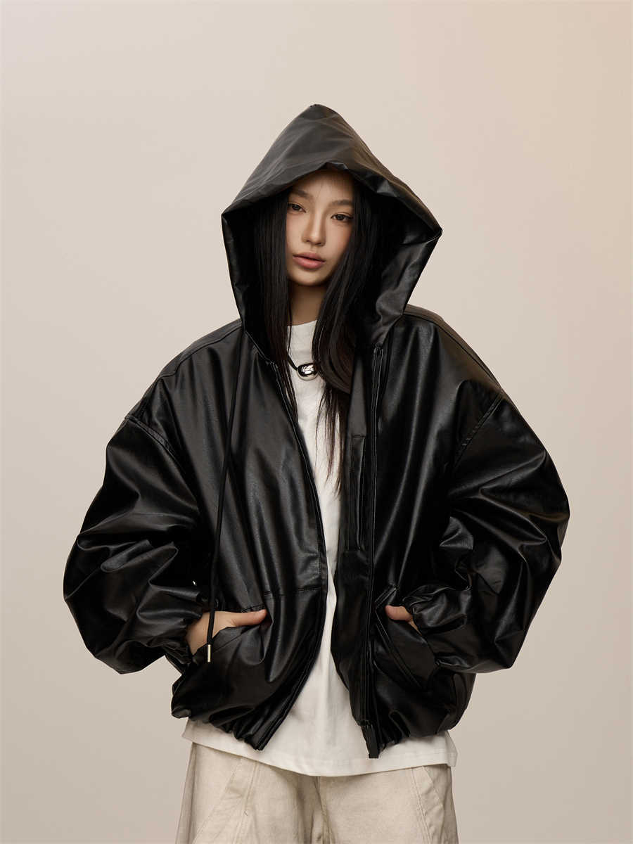 Women’s Black Hooded Leather Coat