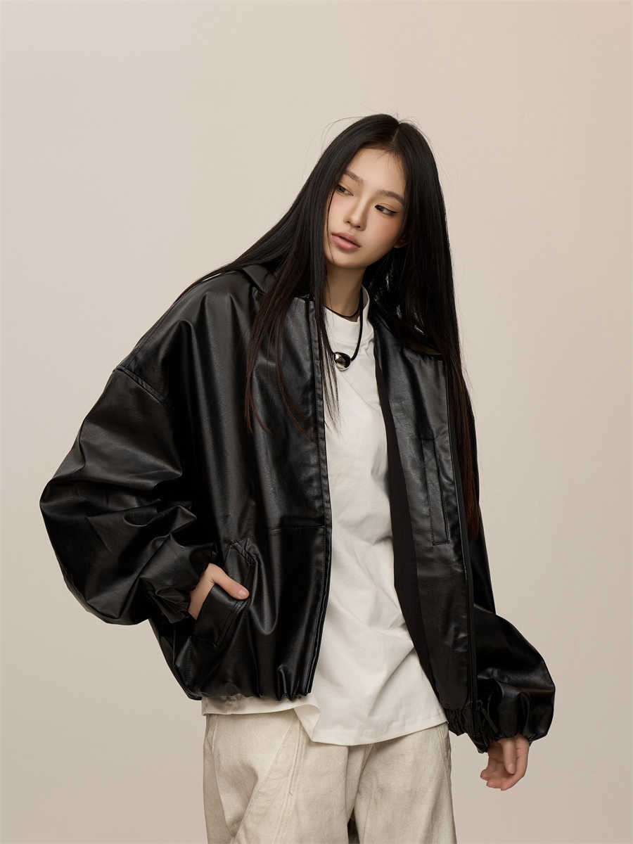 Women’s Black Hooded Leather Coat