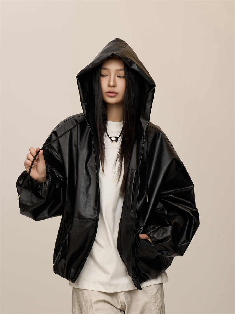 Women’s Black Hooded Leather Coat - Black / M