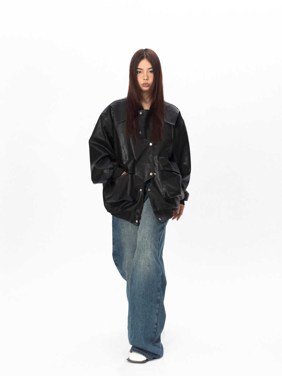 Three-dimensional Pocket Irregular Placket Leather Coat Loose Top