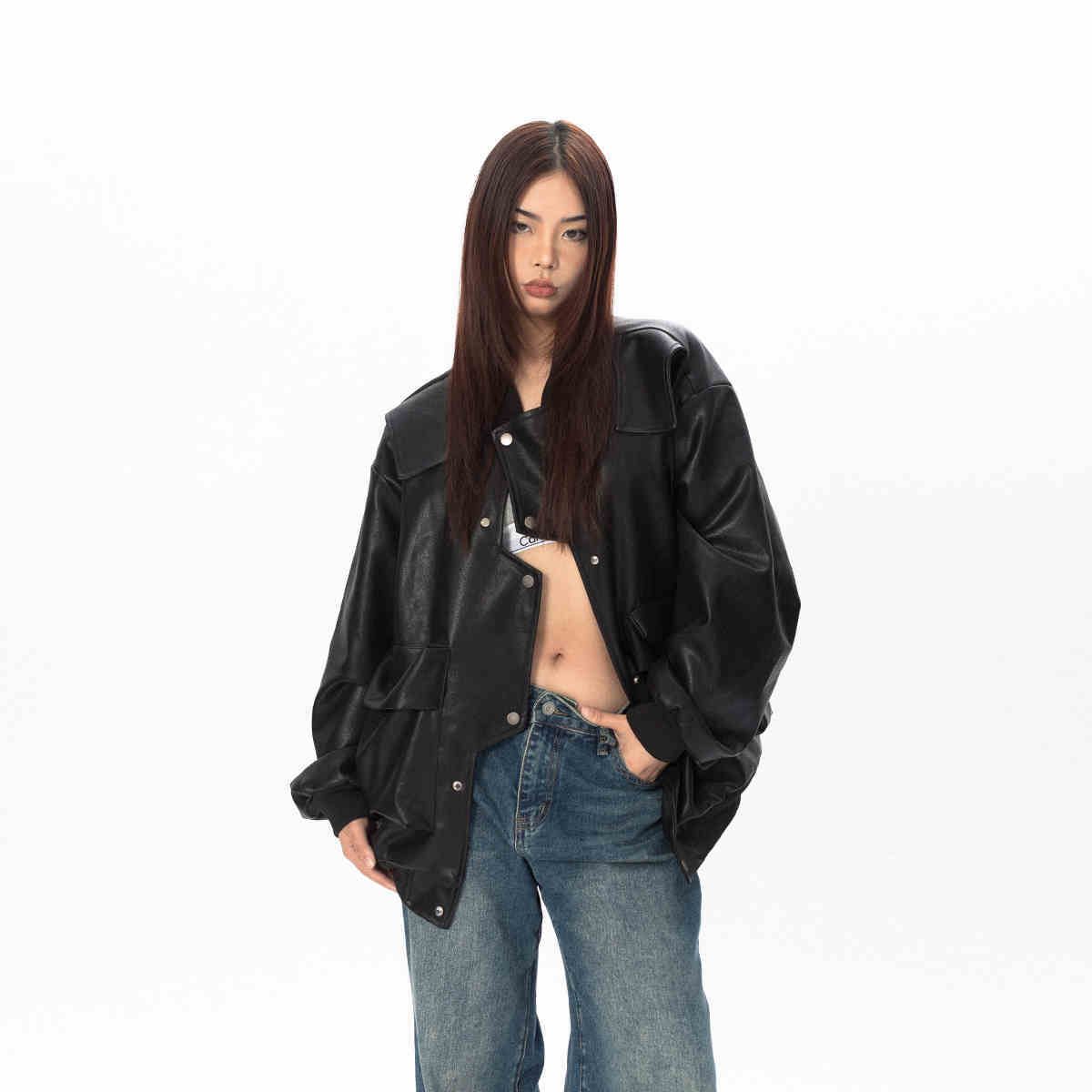 Three-dimensional Pocket Irregular Placket Leather Coat Loose Top - Black / M