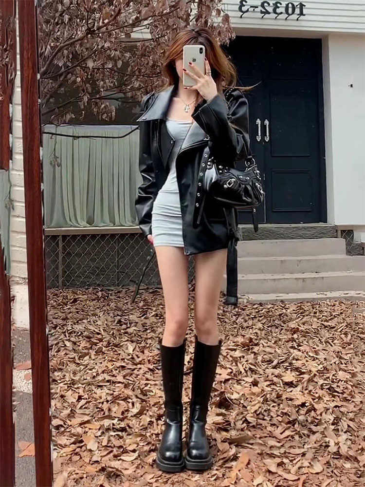 Leather Coat Women’s Autumn All-matching - Black High Quality Version / 2XL
