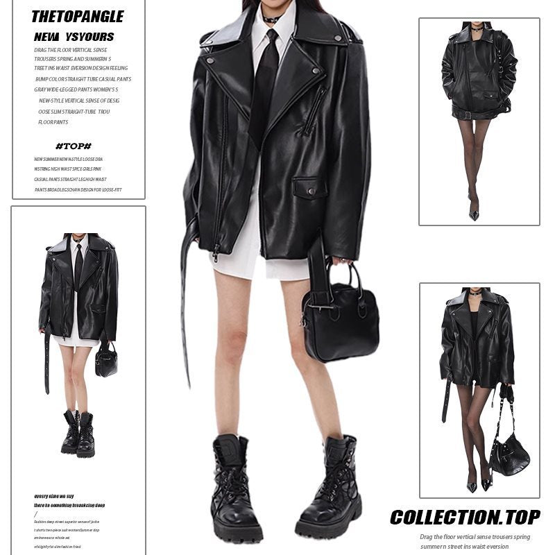 Leather Coat Women’s Loose Motorcycle Jacket