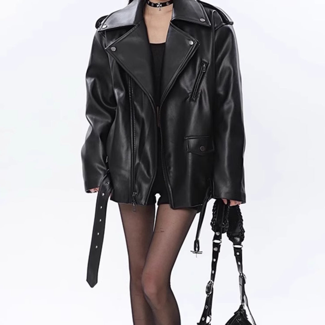 Leather Coat Women’s Loose Motorcycle Jacket