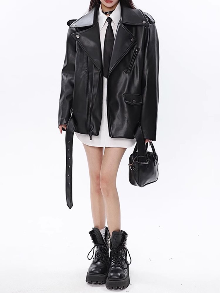 Leather Coat Women’s Loose Motorcycle Jacket