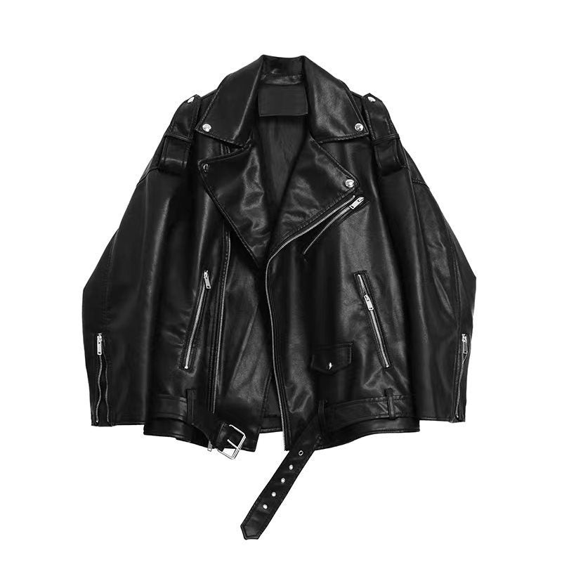 Leather Coat Women’s Loose Motorcycle Jacket - Black / S
