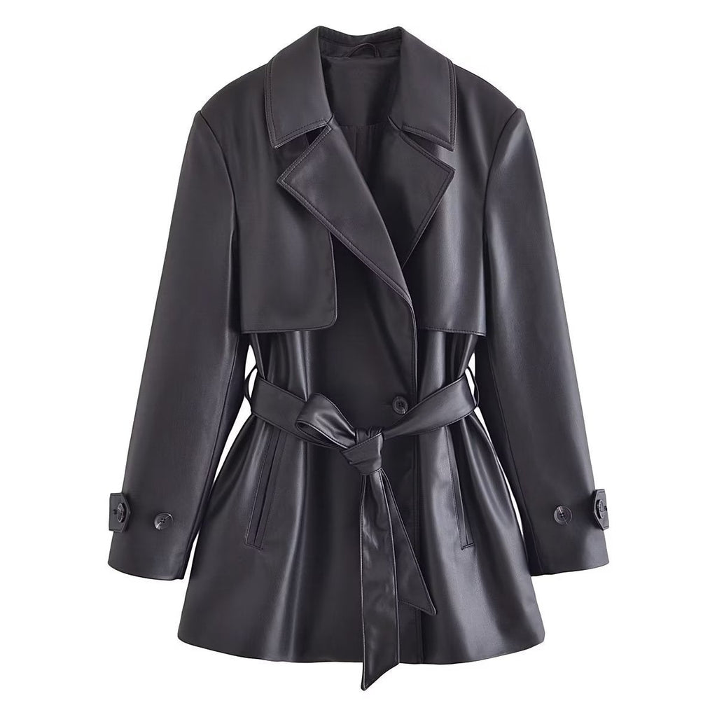 Women’s Elegant Slightly Mature Imitation Leather Short Trench Coat