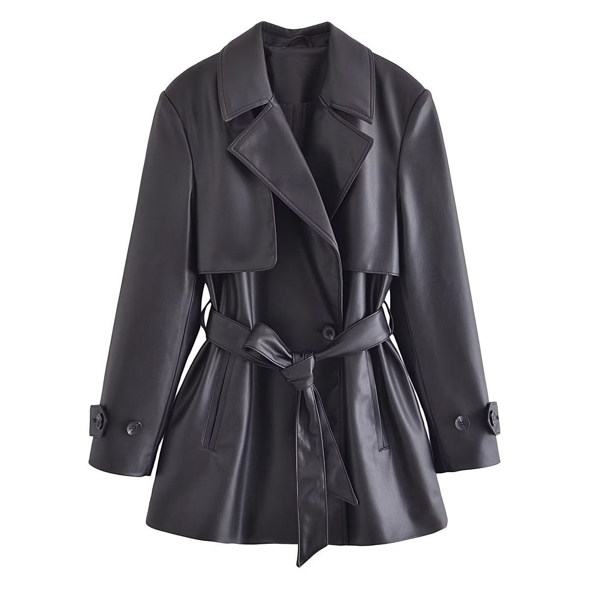 Women’s Elegant Slightly Mature Imitation Leather Short Trench Coat - Black / XS