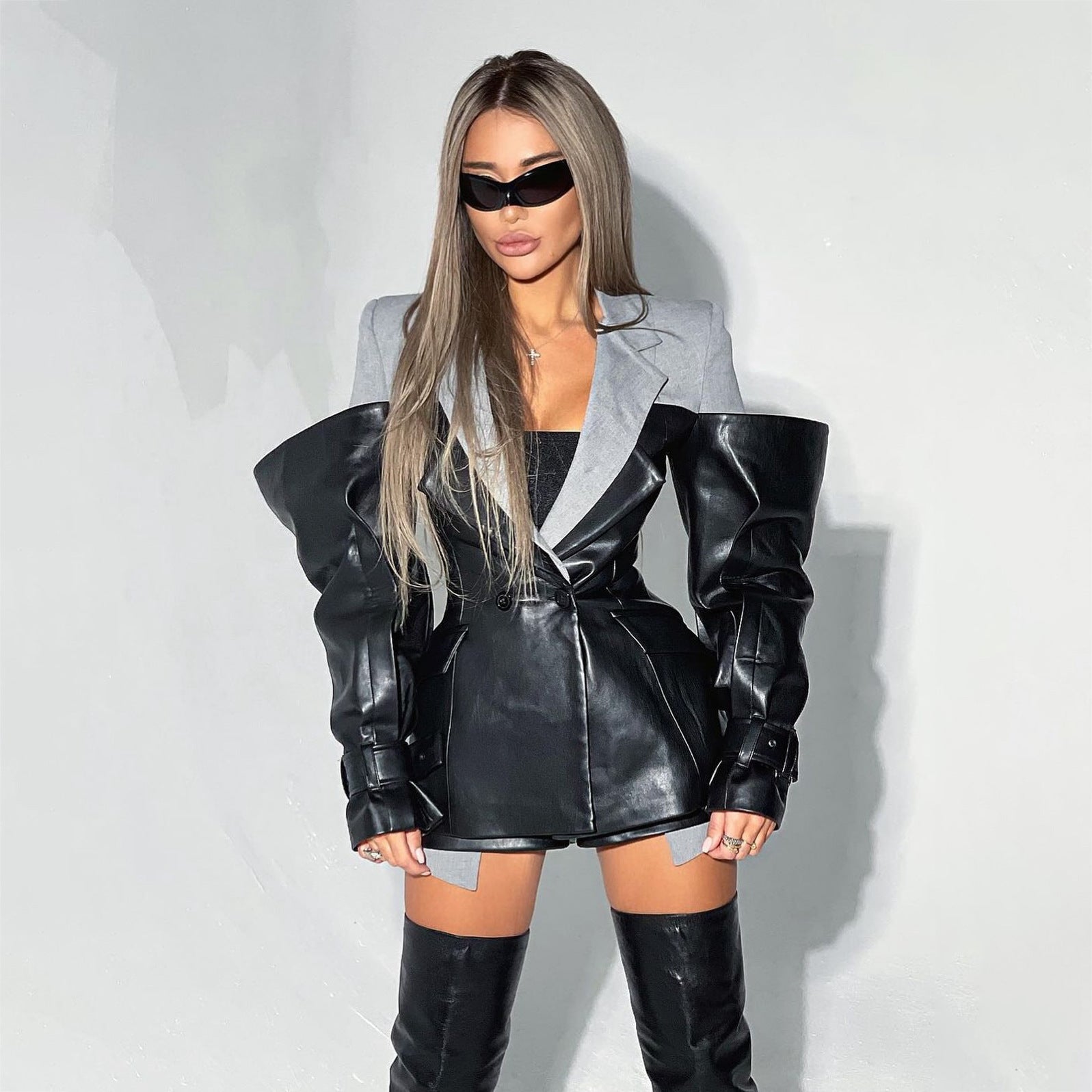 Leather Stitching Suit Jacket For Women Autumn And Winter New Advanced - M2492 Black / S