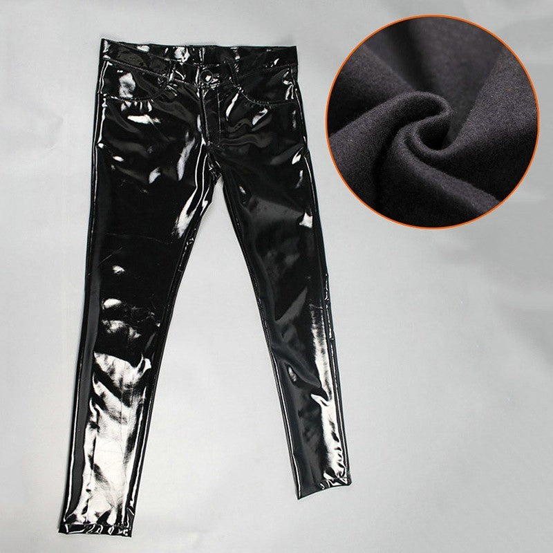 G-dragon With Bright Mirror Black PU Tight Leather Pants - Black fleece / S