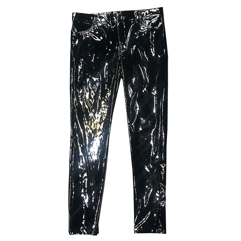 G-dragon With Bright Mirror Black PU Tight Leather Pants - Black / S