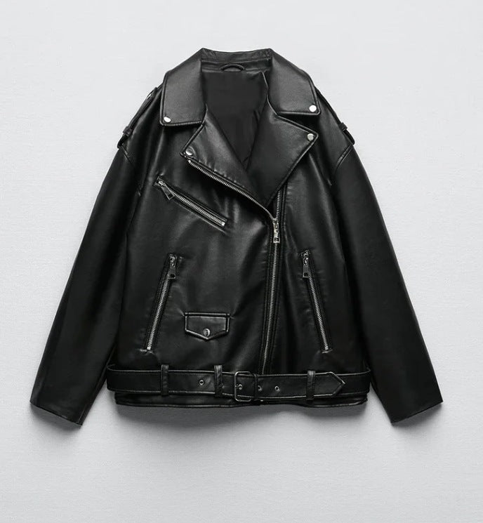 Women’s Faux Leather Retro Biker’s Leather Coat - Black / XS