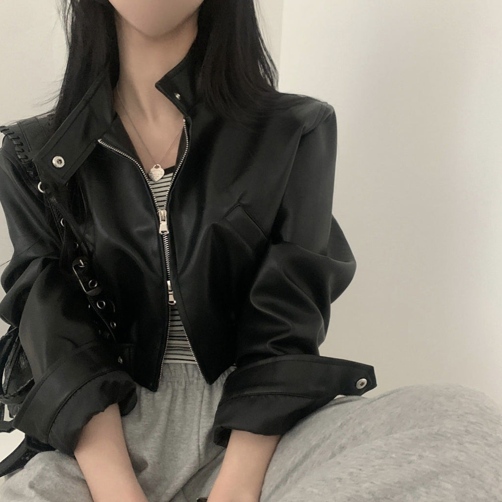 French Style Retro Design Zipped Stand Collar Elastic And Waisted Short Biker’s Leather Jacket Women