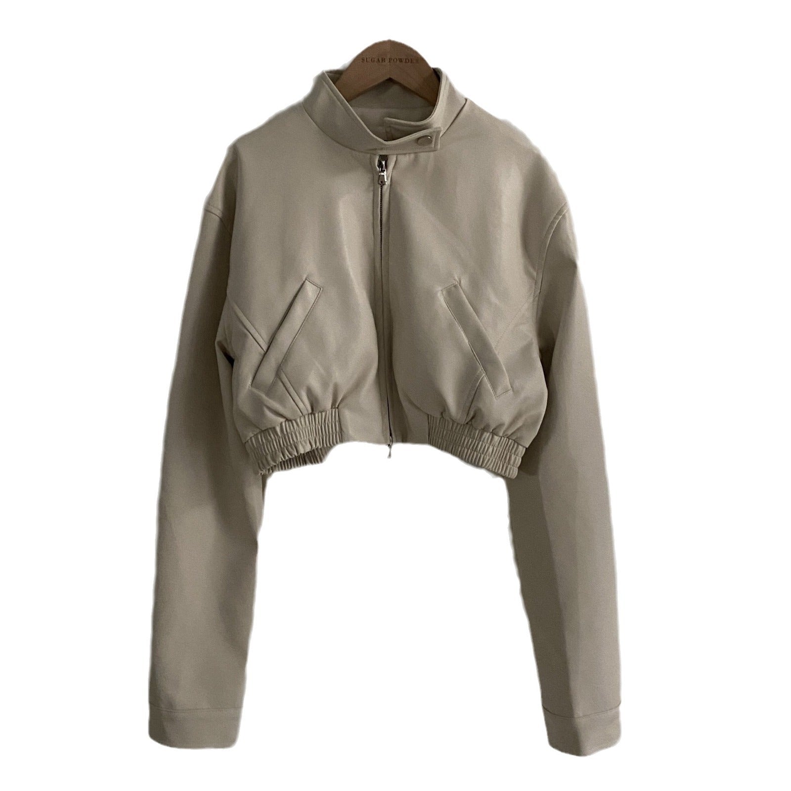French Style Retro Design Zipped Stand Collar Elastic And Waisted Short Biker’s Leather Jacket Women