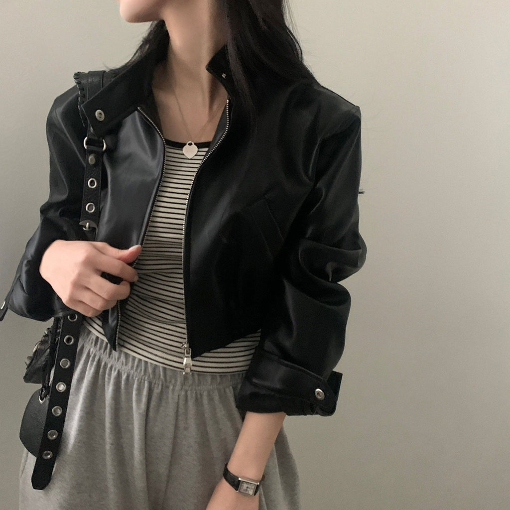 French Style Retro Design Zipped Stand Collar Elastic And Waisted Short Biker’s Leather Jacket Women - Black / Free Size
