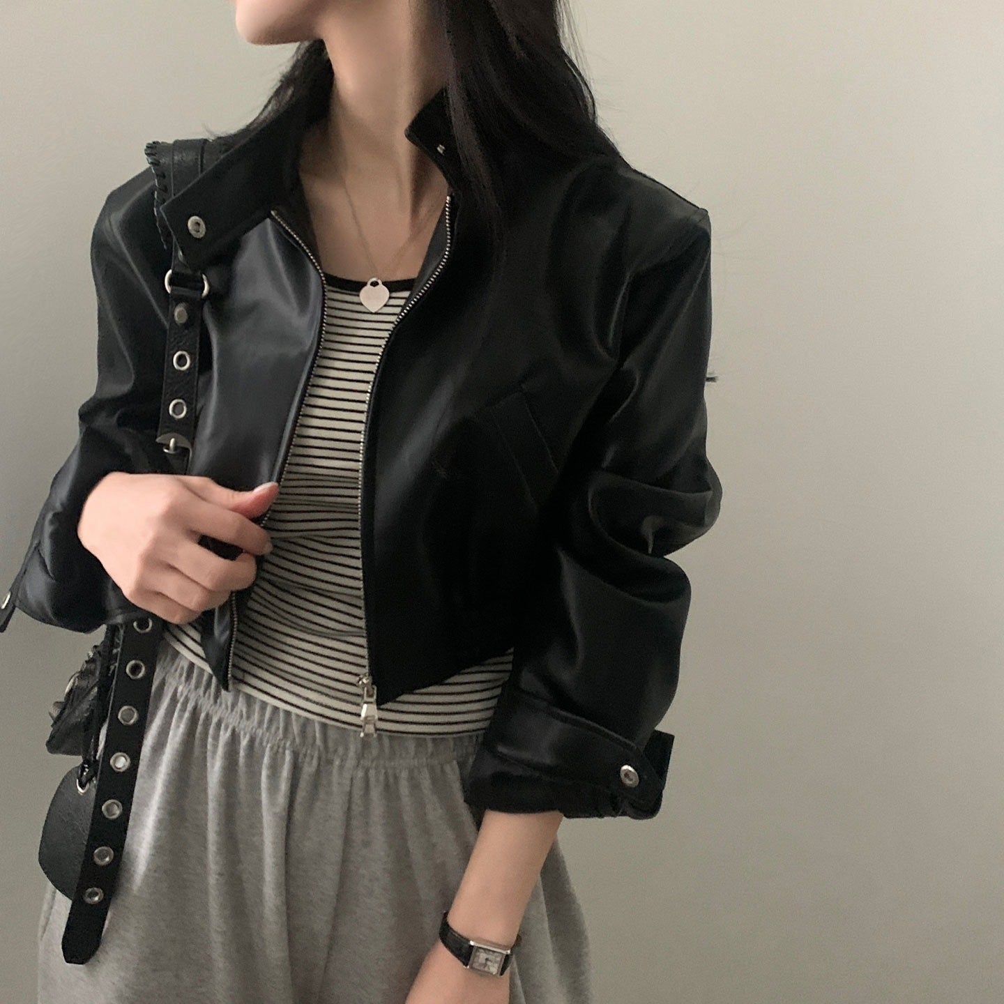 French Style Retro Design Zipped Stand Collar Elastic And Waisted Short Biker’s Leather Jacket Women - Black / Free Size