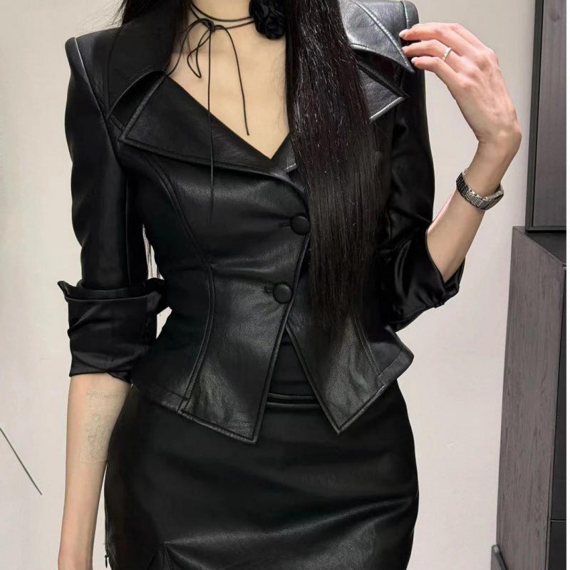 European And American Style Solid Color Waist Tight Long Sleeve Coat - Black / S