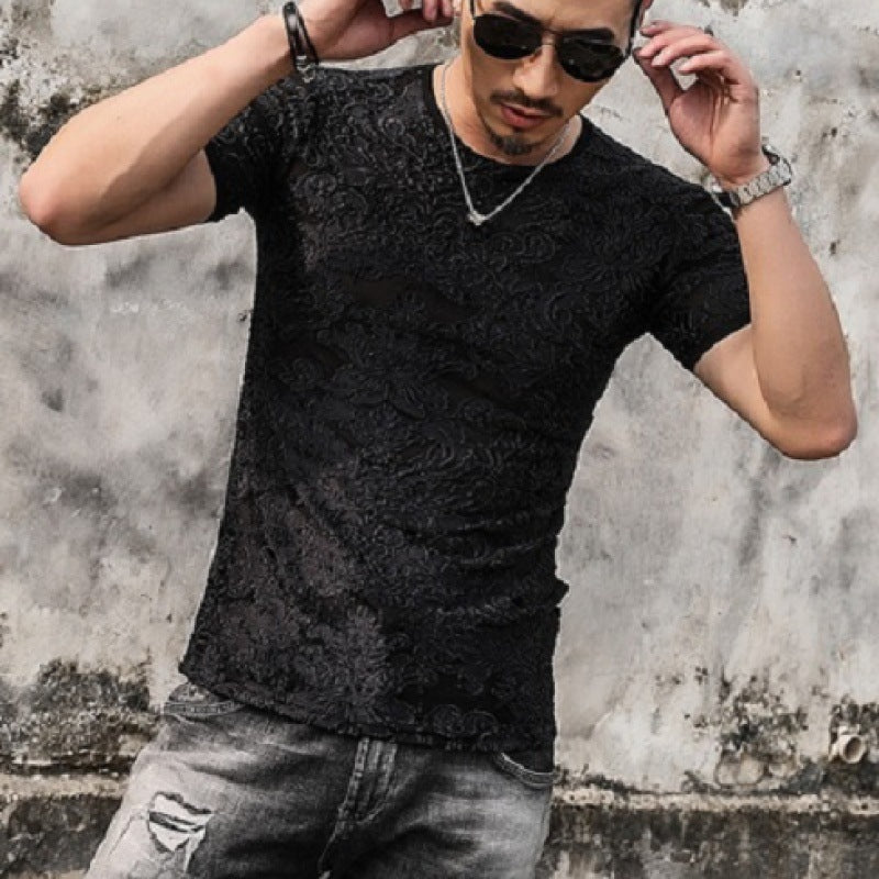 Men’s Gold Velvet Ice Silk Cut-out Breathable Short Sleeve Round Neck T-shirt