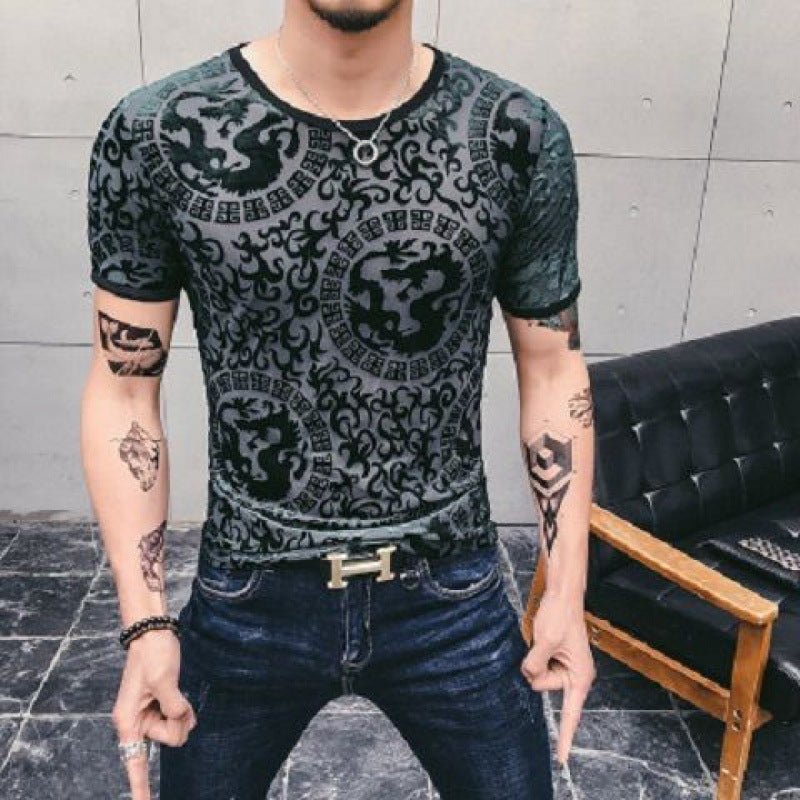 Men’s Gold Velvet Ice Silk Cut-out Breathable Short Sleeve Round Neck T-shirt
