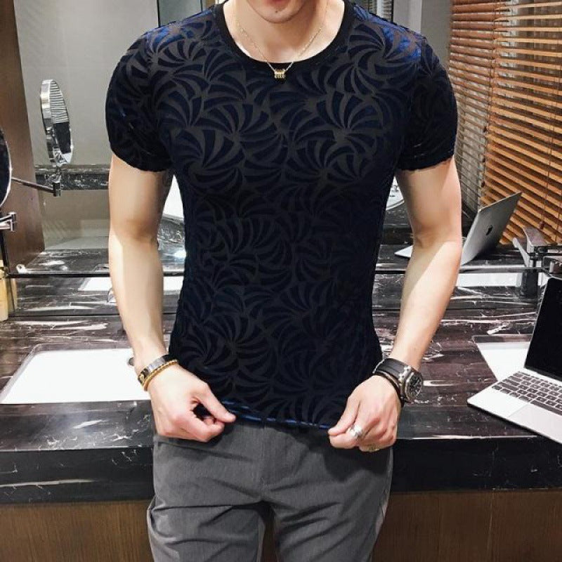 Men’s Gold Velvet Ice Silk Cut-out Breathable Short Sleeve Round Neck T-shirt