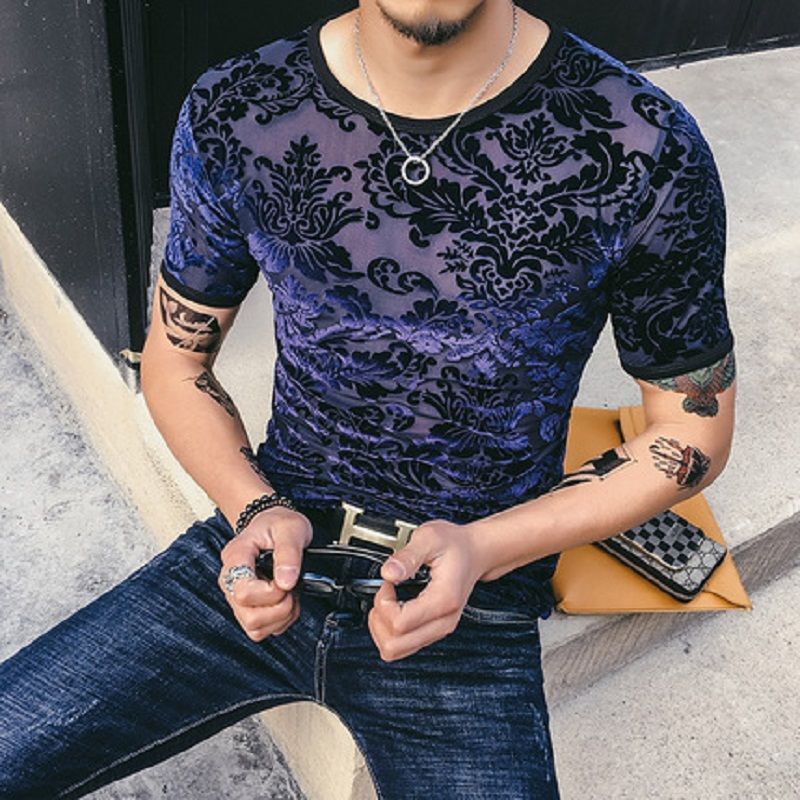 Men’s Gold Velvet Ice Silk Cut-out Breathable Short Sleeve Round Neck T-shirt