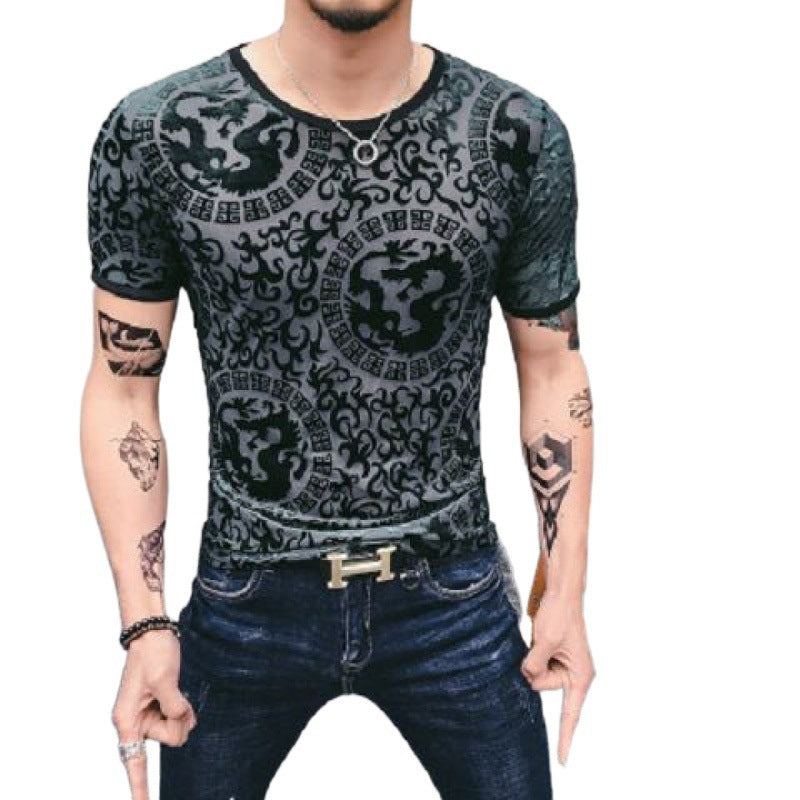 Men’s Gold Velvet Ice Silk Cut-out Breathable Short Sleeve Round Neck T-shirt