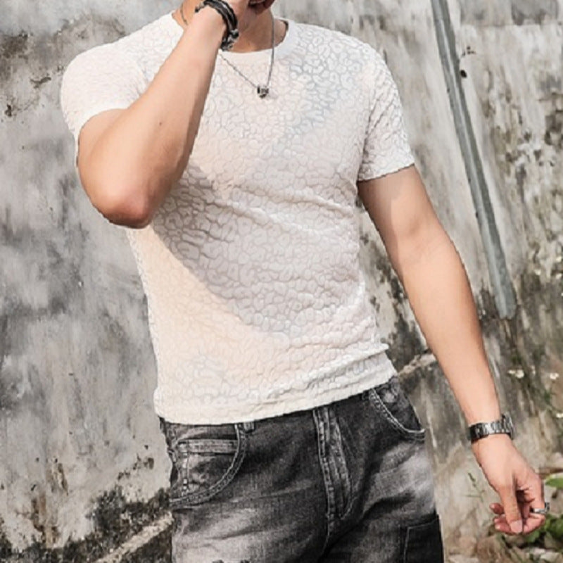 Men’s Gold Velvet Ice Silk Cut-out Breathable Short Sleeve Round Neck T-shirt