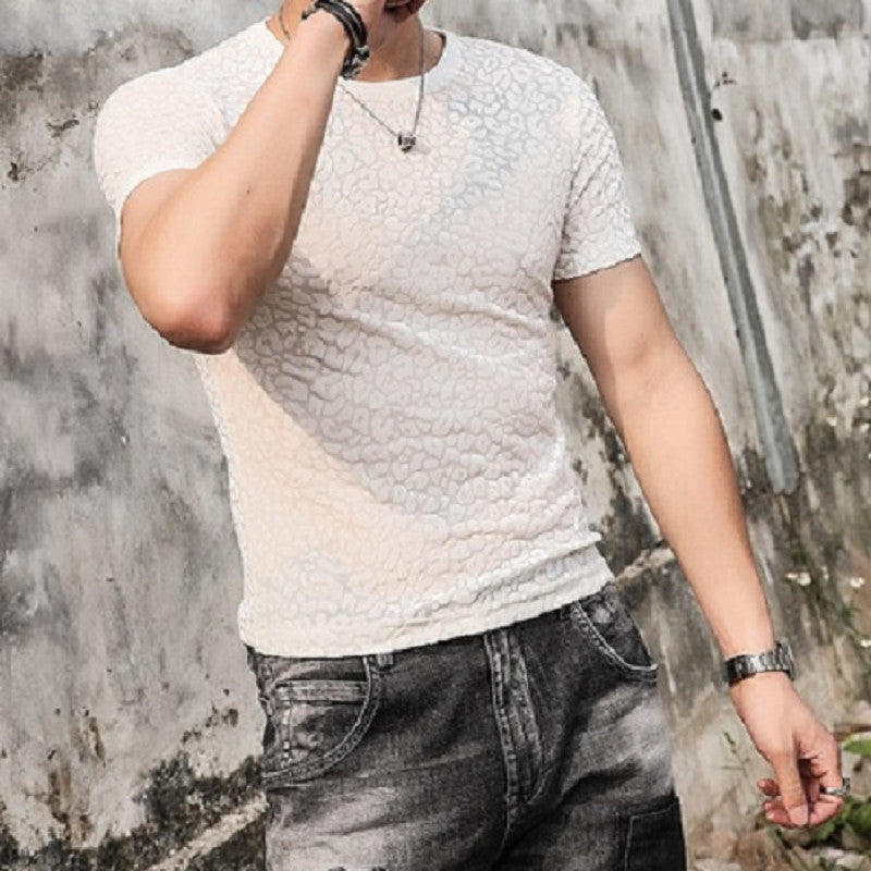 Men’s Gold Velvet Ice Silk Cut-out Breathable Short Sleeve Round Neck T-shirt