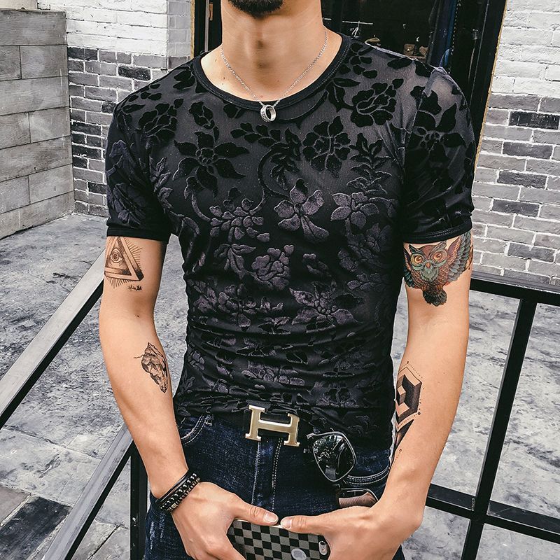 Men’s Gold Velvet Ice Silk Cut-out Breathable Short Sleeve Round Neck T-shirt - Big Black Flower / XL