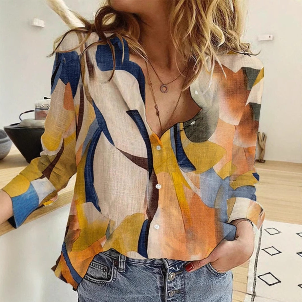 Loose Digital Printing Lantern Long Sleeve Shirt For Women - 60909 Mixed Color / M