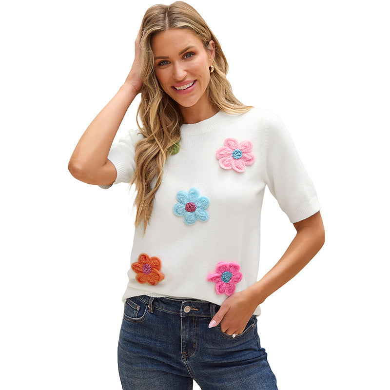 Three-dimensional Flower Decoration Half-sleeve Top European And American Commuters’ Knitted