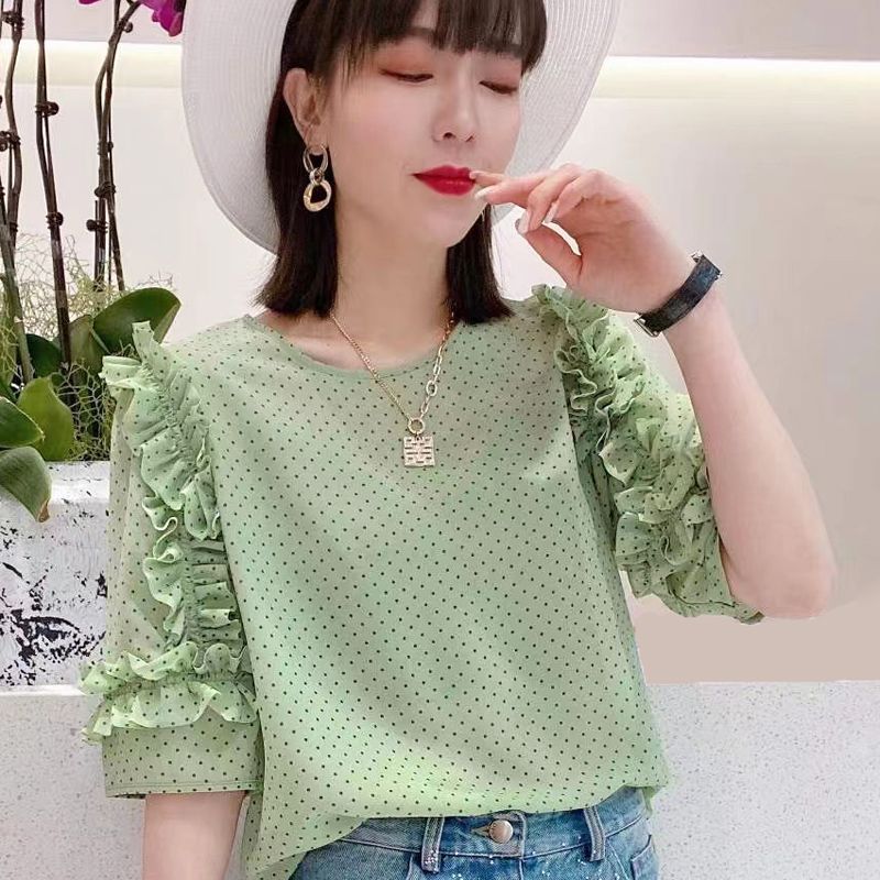 Summer New Pleated Loose Floral Blouse Top - Green Dots / M
