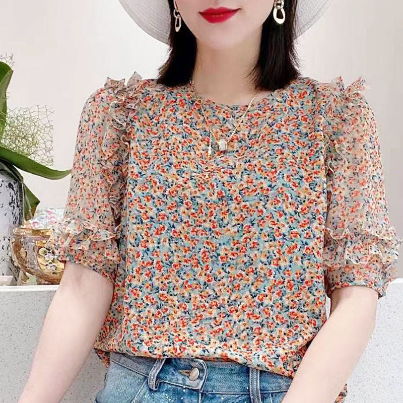Summer New Pleated Loose Floral Blouse Top - Light Blue Floral / M