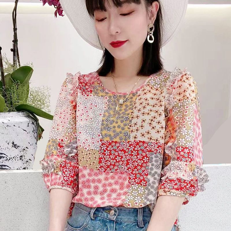 Summer New Pleated Loose Floral Blouse Top - Orange Bottom Stitching / M