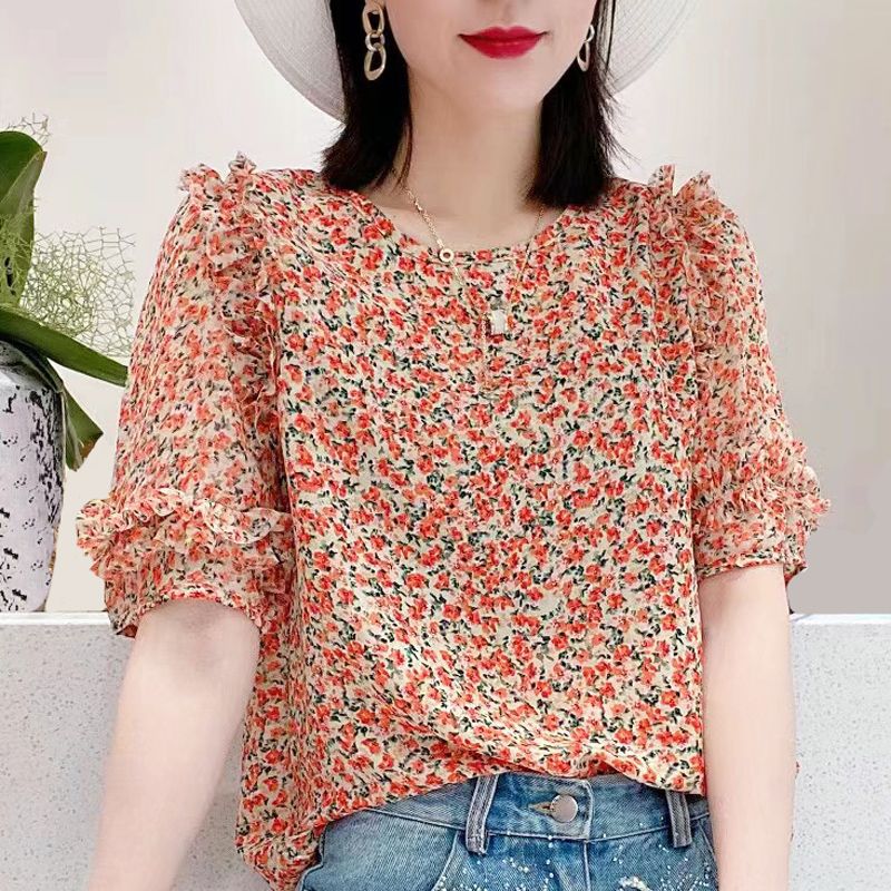 Summer New Pleated Loose Floral Blouse Top - Orange Floral / M