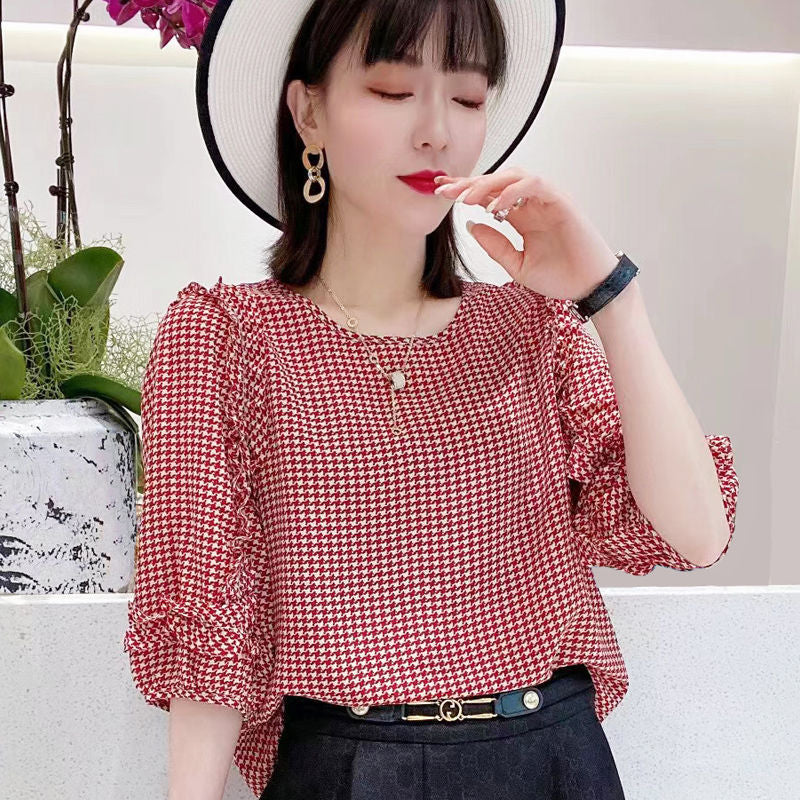Summer New Pleated Loose Floral Blouse Top - Red Houndstooth / M