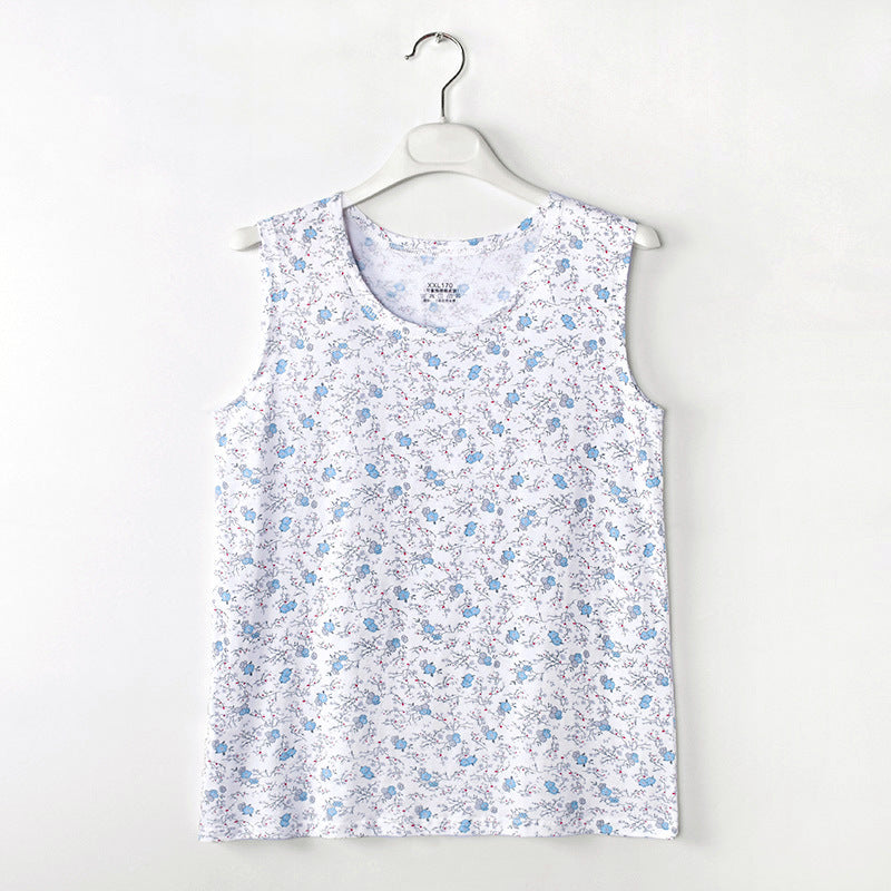 Middle-aged And Elderly Vest Print Round Neck Mother’s Undershirt Cotton - Blueberry / XL
