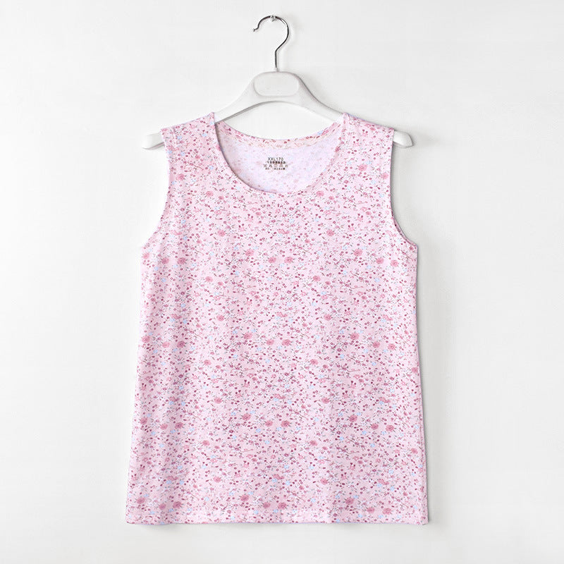 Middle-aged And Elderly Vest Print Round Neck Mother’s Undershirt Cotton - Pink Mist / XL