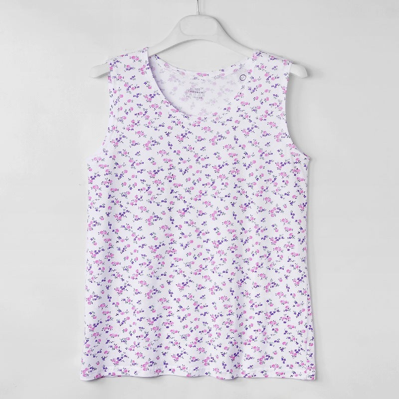 Middle-aged And Elderly Vest Print Round Neck Mother’s Undershirt Cotton - Plum Blossom / XL
