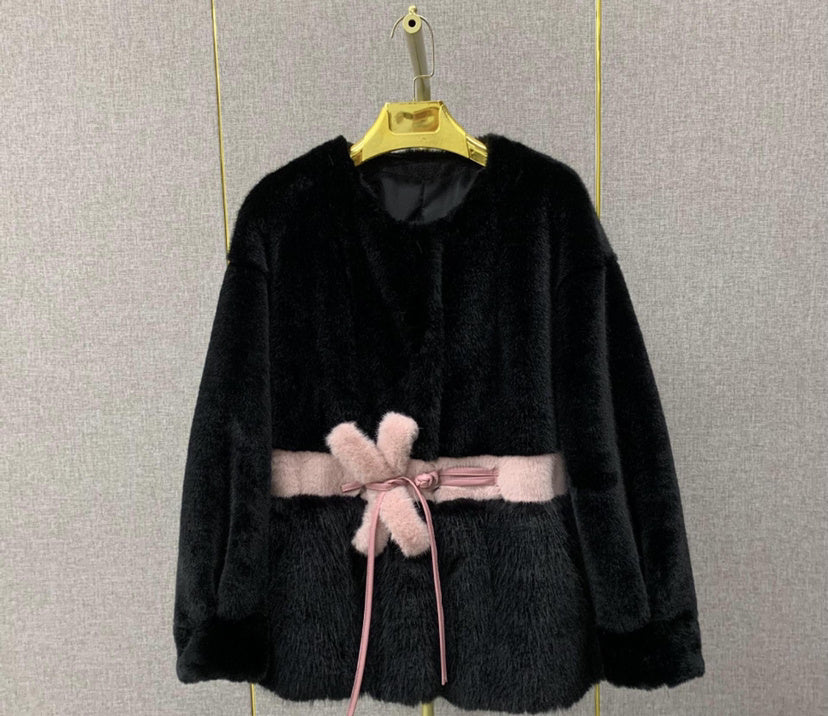 Faux Fur Coat Classic Style Slimming All-matching Western Style - Black Pink Flower / Small Size