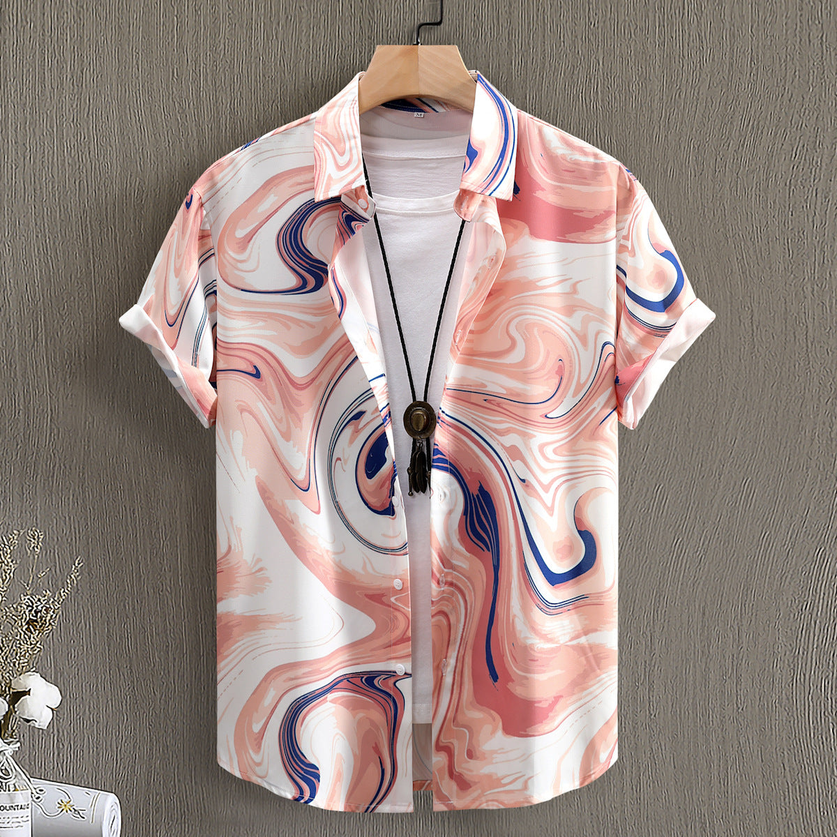 Fashion Digital Printing Men’s Short Sleeve Shirt - CZ146 Pink Jade Pattern / S