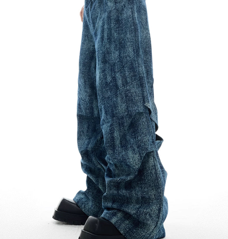 Niche Pleated Texture Straight Loose Jeans Stitching Trousers