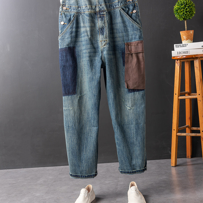 Men’s And Women’s Contrast Color Overalls Suspender Pants